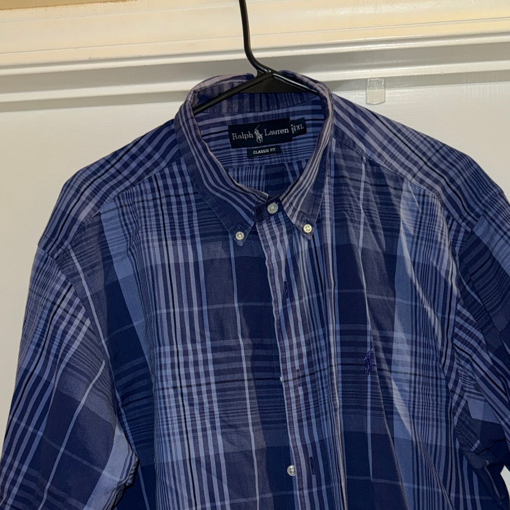 Ralph Lauren Men's Navy and Light Blue Plaid Shirt Size XL